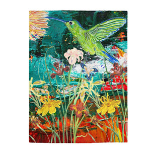 GreenLiving4Life Hummingbird Collection - "Green Hummingbird In Flight"  Velveteen Plush Blanket - GreenLiving4Life